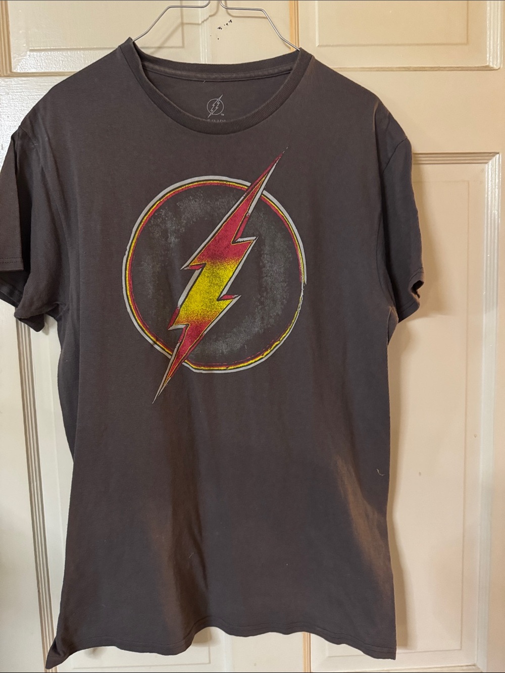 Men's Short Sleeve Graphic Tee - Charcoal with Red & Yellow Lightning Bolt
